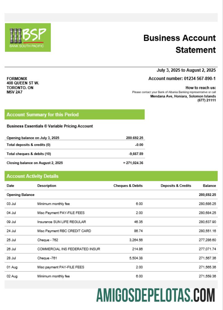Em branco Ilhas Salomão BSP Firm modelo de extrato de conta Word e PDF